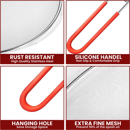 13" Grease Splatter Screen for Cooking | Stainless Steel Oil Splatter Guard and Ultra-Fine Mesh Protects Skin from Burns | Silicone Red Handle
