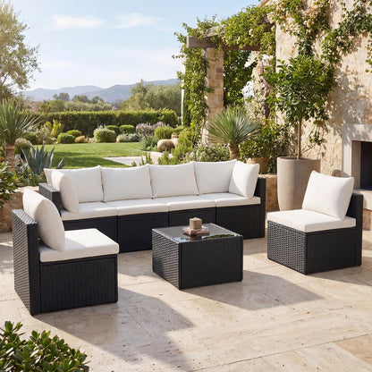 Sweetcrispy 7-Piece Outdoor Patio Sectional Sofa, Modular PE Wicker Outdoor Sectional with Thick Cushions, Rattan Patio Sofa Set with Coffee Table for Backyard, Poolside, Garden, Deck, Black