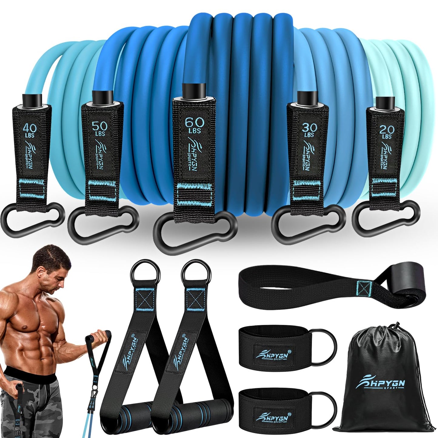 HPYGN Resistance Bands, Exercise Bands with Handles, Fitness Bands, Workout Bands with Door Anchor and Ankle Straps, for Heavy Resistance Training, Physical Therapy, Shape Body, Yoga, Home Workout Set