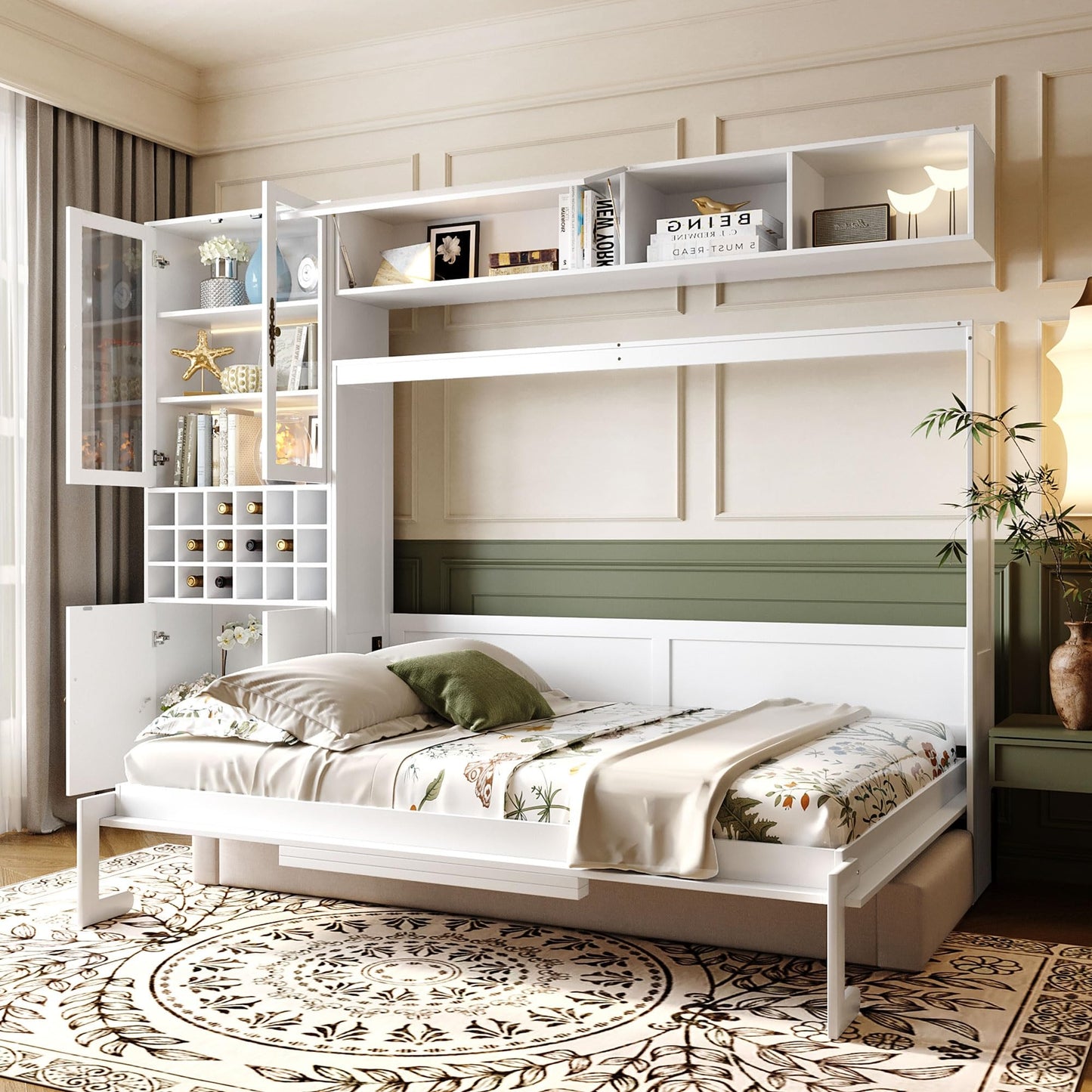 Merax Full Size Murphy Bed Wall Bed with Sofa and Storage, Hydraulic Mechanism Folding Bed with Shelves & USB Ports, Space Saving Furniture for Small Apartment, White