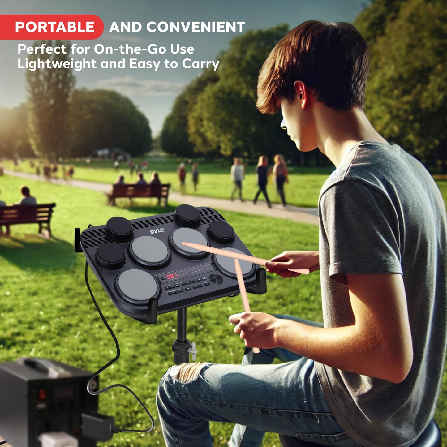 Pyle Electronic Tabletop Drum Pad Set - Compact Portable Drum Kit w/ 8 Touch Sensitive Drum Pads and Pedals, 600 Sounds, USB & Headphone Outputs, MIDI/AUX Inputs - 80 Preloaded Kits (Black)