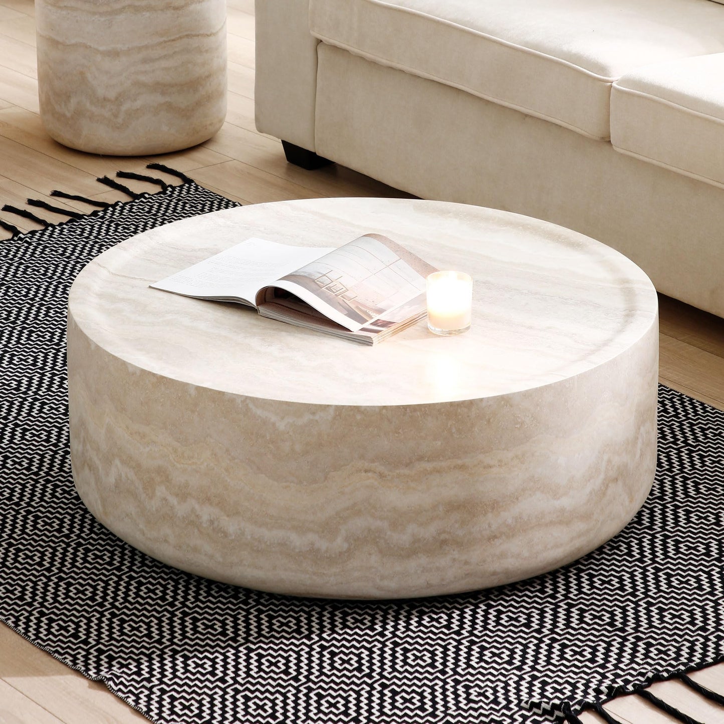 Ball & Cast 35.43" Round Coffee Table,Faux Travertine Textured Accent CoffeeTable for Living Room,Modern Minimalist Low Circle Center Table Side Table for Apartment,Office,Marble