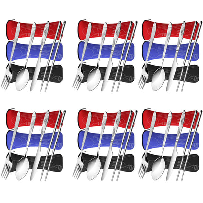 Arroyner 6 Pack Reusable Flatware Sets Knife, Fork, Spoon, Chopsticks, 24Pcs Portable Travel Stainless Steel Tableware Dinnerware with Carrying Case