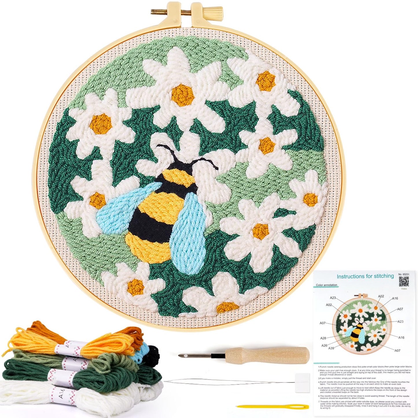 KESTAR Punch Needle Embroidery Starter Kits, Bee and Daisy Flower Punch Needle Kits for Adults Beginner, Needle Punch Kit Tool with Instruction Threader Fabric Yarns and Hoop