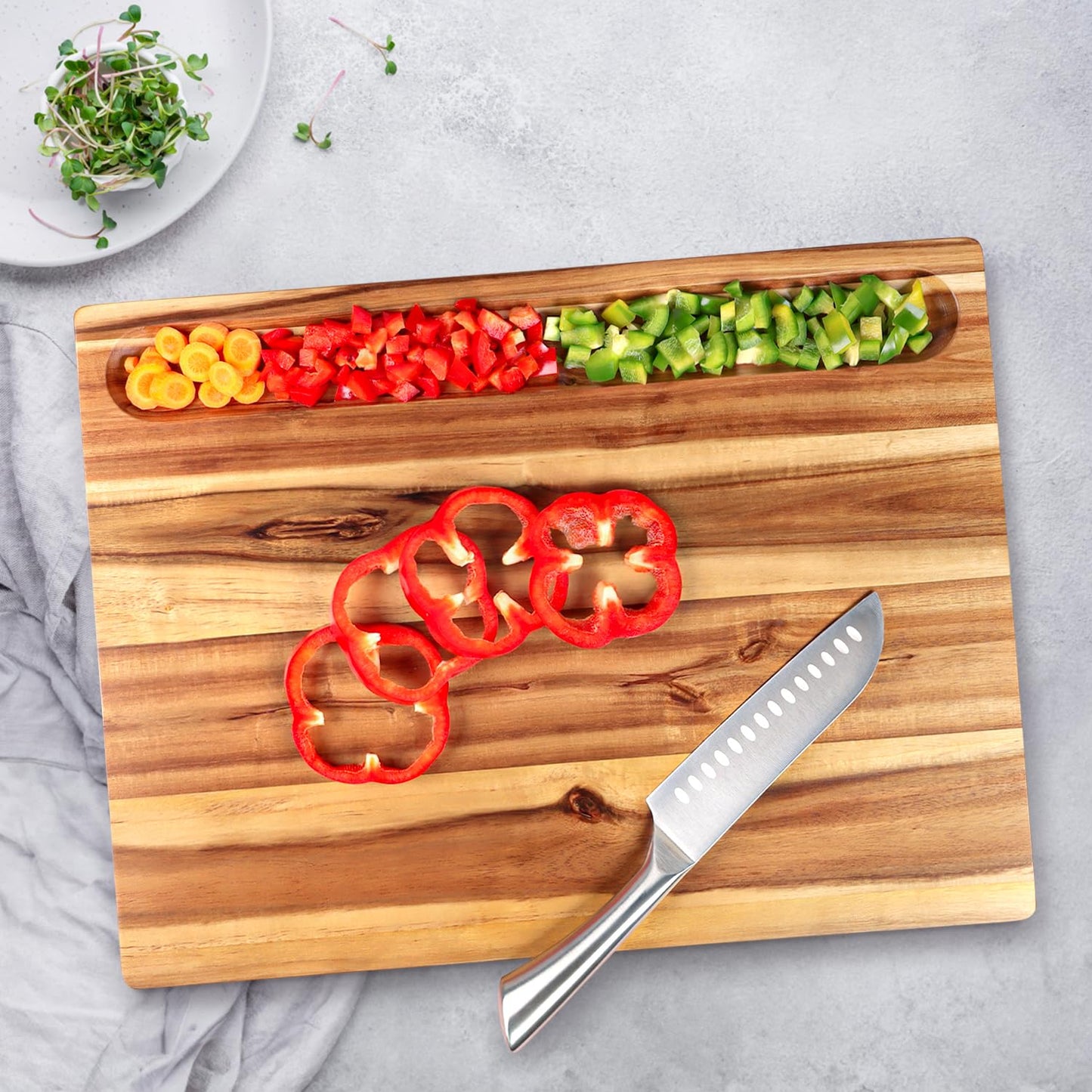 Acacia Wood Cutting Board (17x13x1.5in) and Wooden Butcher Block, Chopping Board - Reversible Multipurpose For Meat, Cheese Board, Vegetables, Bread...with Juice Groove, Cracker Holder & Inner Handles