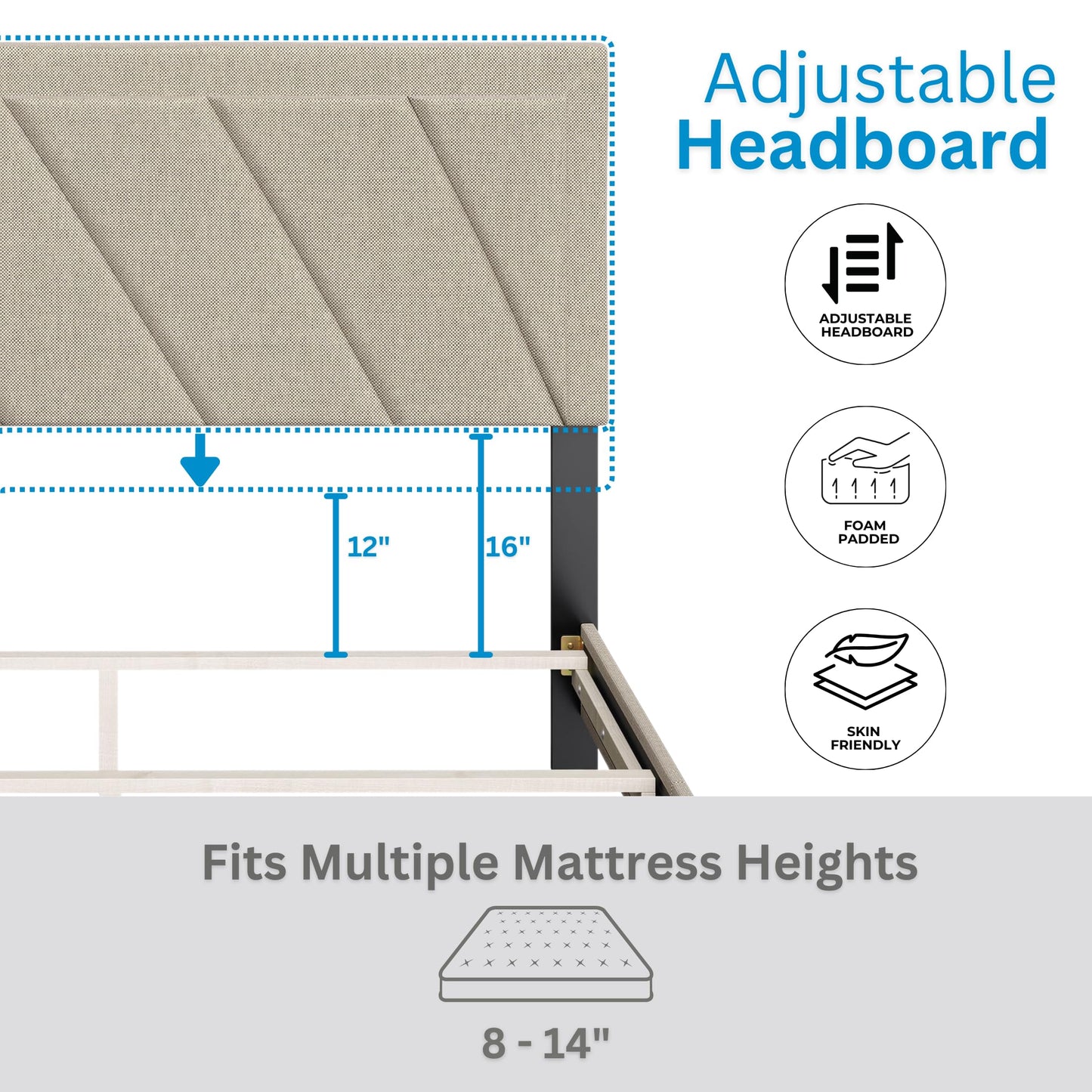 Boyd Sleep Diagonal King Size, White Linen Upholstered Platform Bed with Adjustable Headboard - Qualified Box Spring or Foundation Required for Use