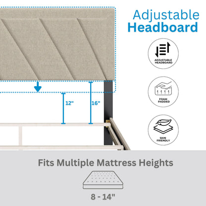 Boyd Sleep Diagonal King Size, White Linen Upholstered Platform Bed with Adjustable Headboard - Qualified Box Spring or Foundation Required for Use