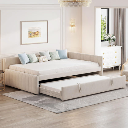 Full Size Upholstered Daybed with Pop up Trundle Bed,Velvet Day Bed Frame with L-Shaped Backrest,Pop up Trundle Full Size,Tufted Sofa Bed for Bedroom,Living Room,Guest,Beige