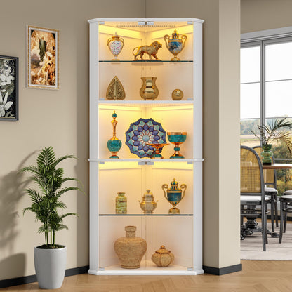 kepptory 71.6" Corner Display Cabinet with LED Lights, 5-Tier Tall Curio Cabinet with Adjustable Glass Shelves&Glass Door, Wine Cabinet for Living Room, Home Bar (White, 25.2''x21.6''x71.6'')