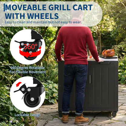 GarveeLife Grill Table, Outdoor Grill Cart with Storage Cabinet, Movable Outdoor BBQ Grilling Table, Made Entirely of Stainless Steel, Outdoor Grilling Station for Kitchen Prep, Lawn & Garden