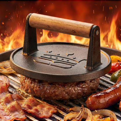 Smash Burger Press 6.5”,Cast Iron Flat Round Edge Grill/Bacon/Meat/Hamburger/Chef Press with Wood Handle,1.74lb hamburger press patty maker for Griddles,Nonstick burger smasher for griddle accessories