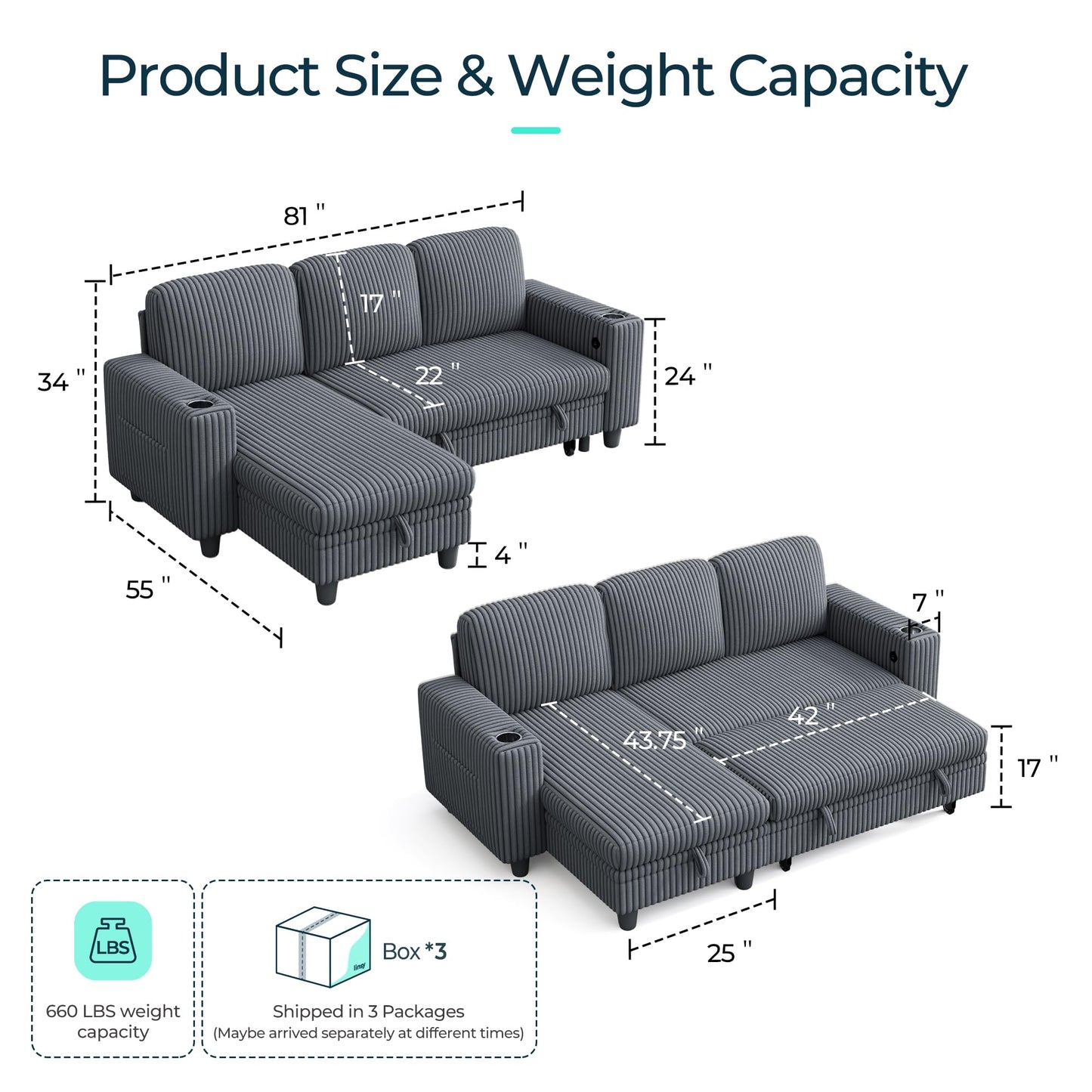 LINSY Home Sleeper Sofa Couch with Storage Chaise & USB Charging, Convertible Sectional Pull Out Sofa Bed with Plush Corduroy Fabric, Modular Sectional Couches for Living Room Apartment (Grey)