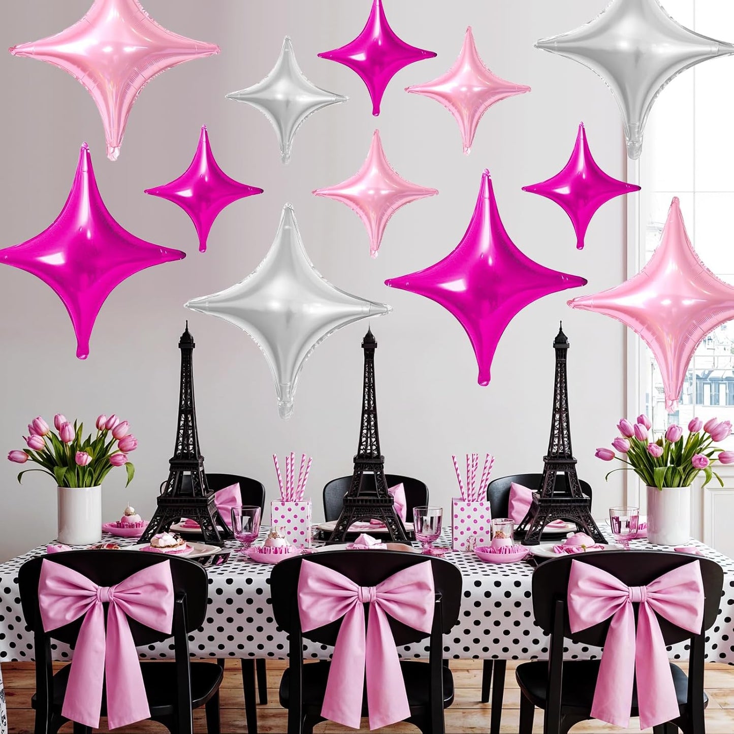 Skiennix Pink Silver Star Balloons - 12 Pcs Foil Balloons in 26 Inch & 10 Inch for Birthday & Anniversary Decor