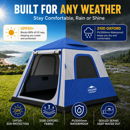 Inflatable Camping Tent with Pump, 2-4 Person Air Tent, Easy Setup Waterproof Blow Up Cabin with Awning for Outdoor Camping