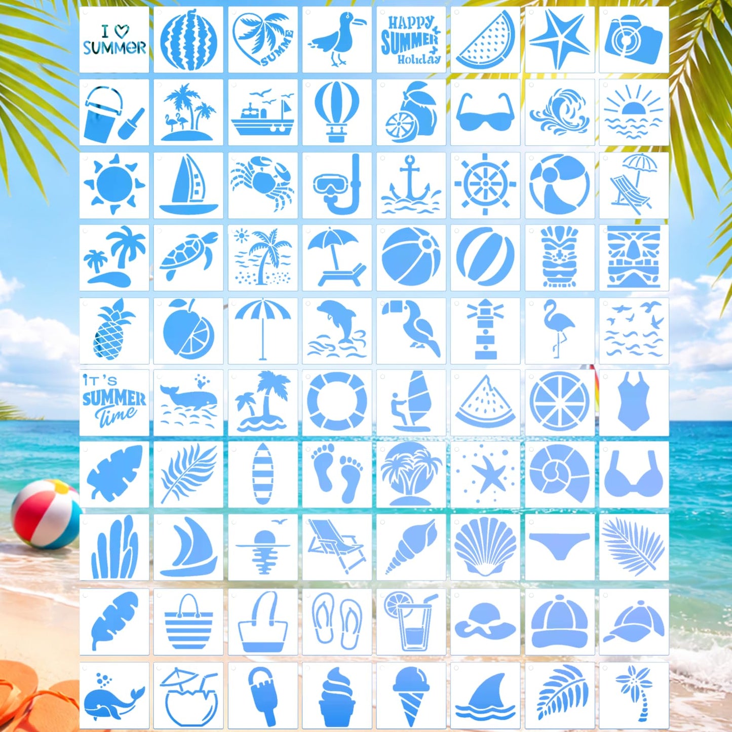 80 Pcs 3 Inch Summer Stencils for Painting, Reusable Beach Ocean Stencils for Wood, Wall, Canvas & Cards, Tropical DIY Crafts Decor