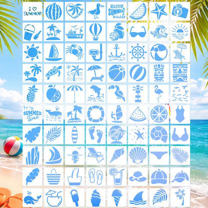 80 Pcs 3 Inch Summer Stencils for Painting, Reusable Beach Ocean Stencils for Wood, Wall, Canvas & Cards, Tropical DIY Crafts Decor