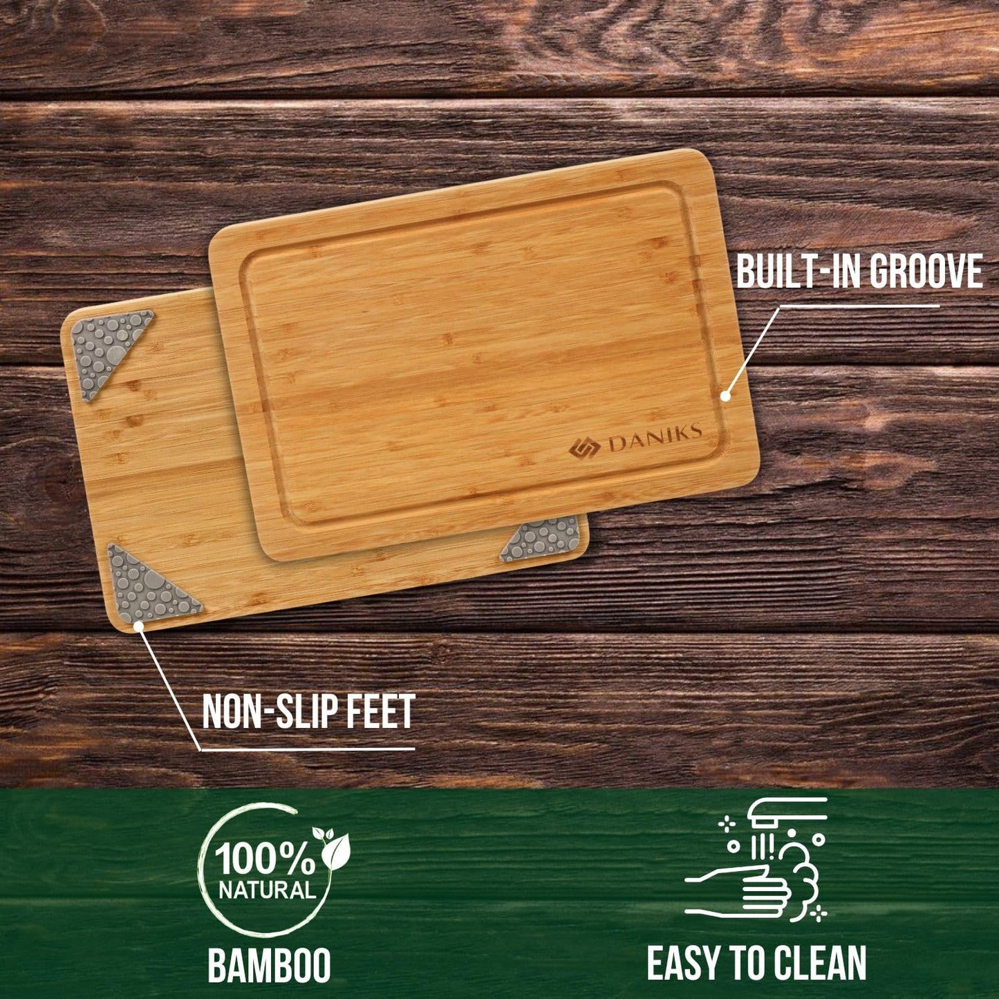 Daniks Bamboo Cutting Board Set of 2 with Juice Groove, XL 16x12 & L 13x9 in – Cutting Boards for Kitchen, Meal Prep, Serving & Charcuterie, Heavy‑Duty