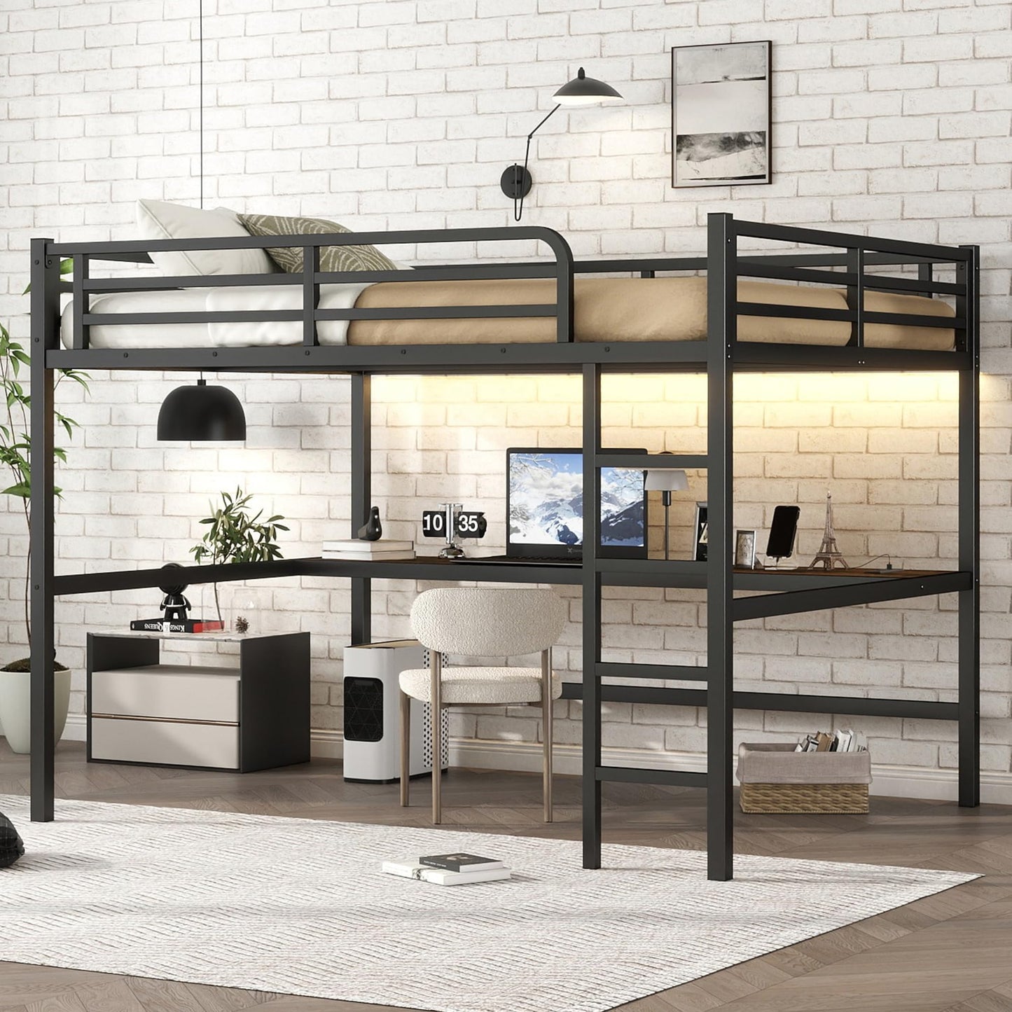 KEIKI Metal Queen Size Loft Bed with Power Outlet and LED Lighted, Space-Saving, Noise Reduced, Black