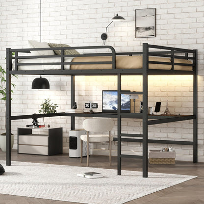 KEIKI Metal Queen Size Loft Bed with Power Outlet and LED Lighted, Space-Saving, Noise Reduced, Black