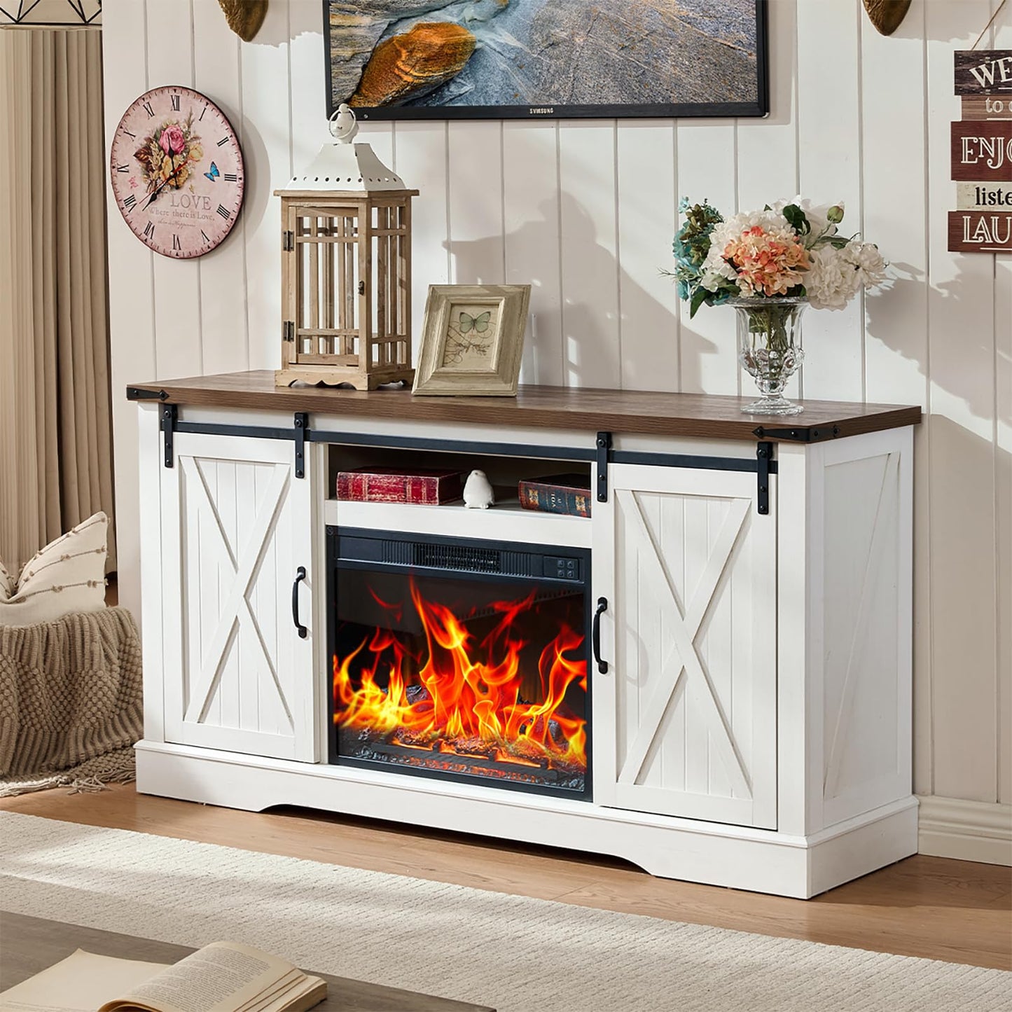 ROCKPOINT 58" Fireplace TV Stand for TV up to 65 Inch with Farmhouse Tall Sliding Barn Doors, Entertainment Center with Storage Cabinet, 23" Electric Fireplace with Remote, White