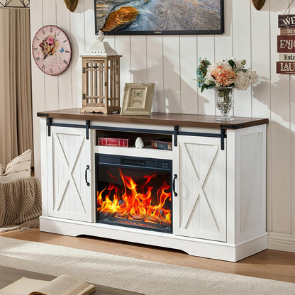 ROCKPOINT 58" Fireplace TV Stand for TV up to 65 Inch with Farmhouse Tall Sliding Barn Doors, Entertainment Center with Storage Cabinet, 23" Electric Fireplace with Remote, White