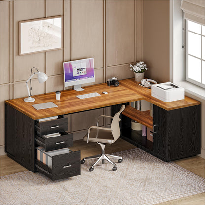 LITTLE TREE 87-Inch Modern Executive Desk with File Cabinet, Large Home Office Desk with Drawers, 3-Drawer Wooden File Cabinet, Spacious Workstation for Home Office (Brown & Black)