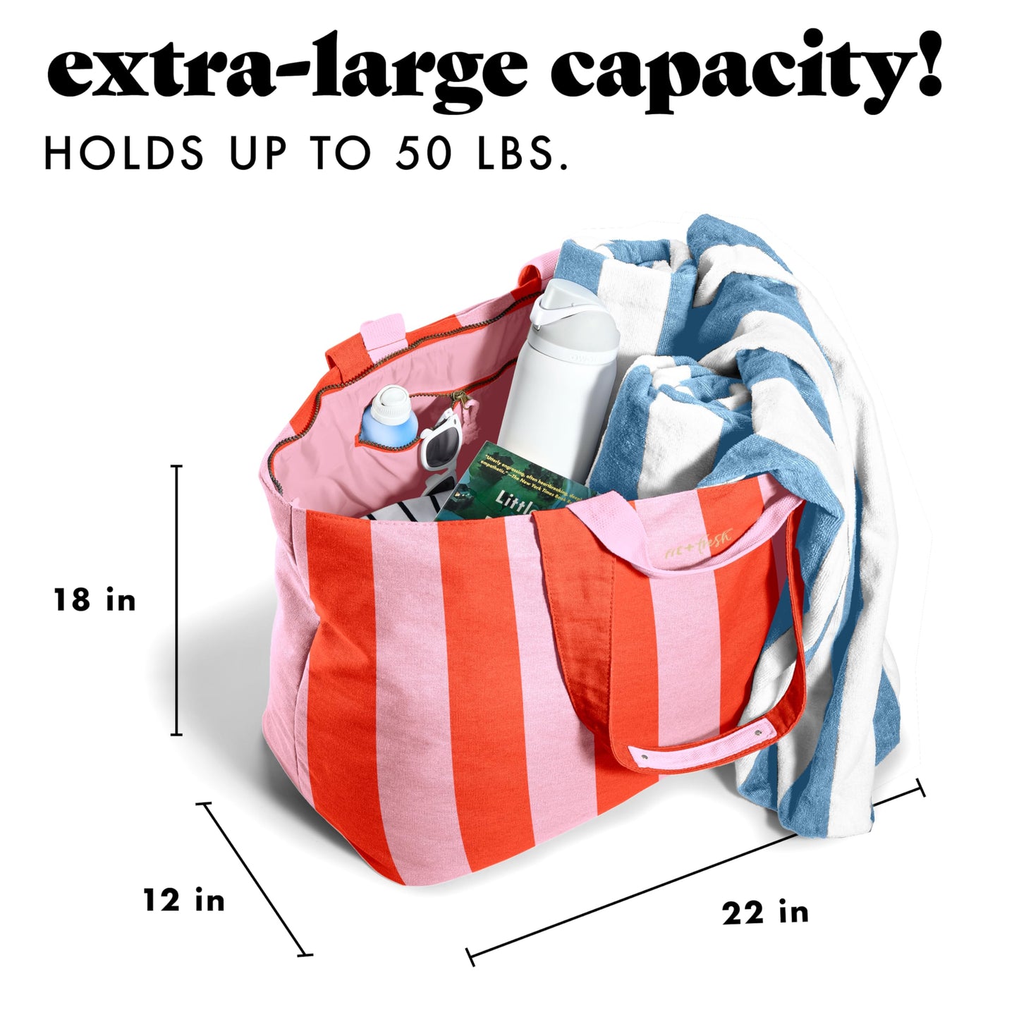 Fit & Fresh XL Beach Tote Bag for Women – Extra Large Travel Tote with Zipper & Pockets, Oversized Canvas Pool Bag, Weekender Carry-On for Beach, Travel & Family Essentials