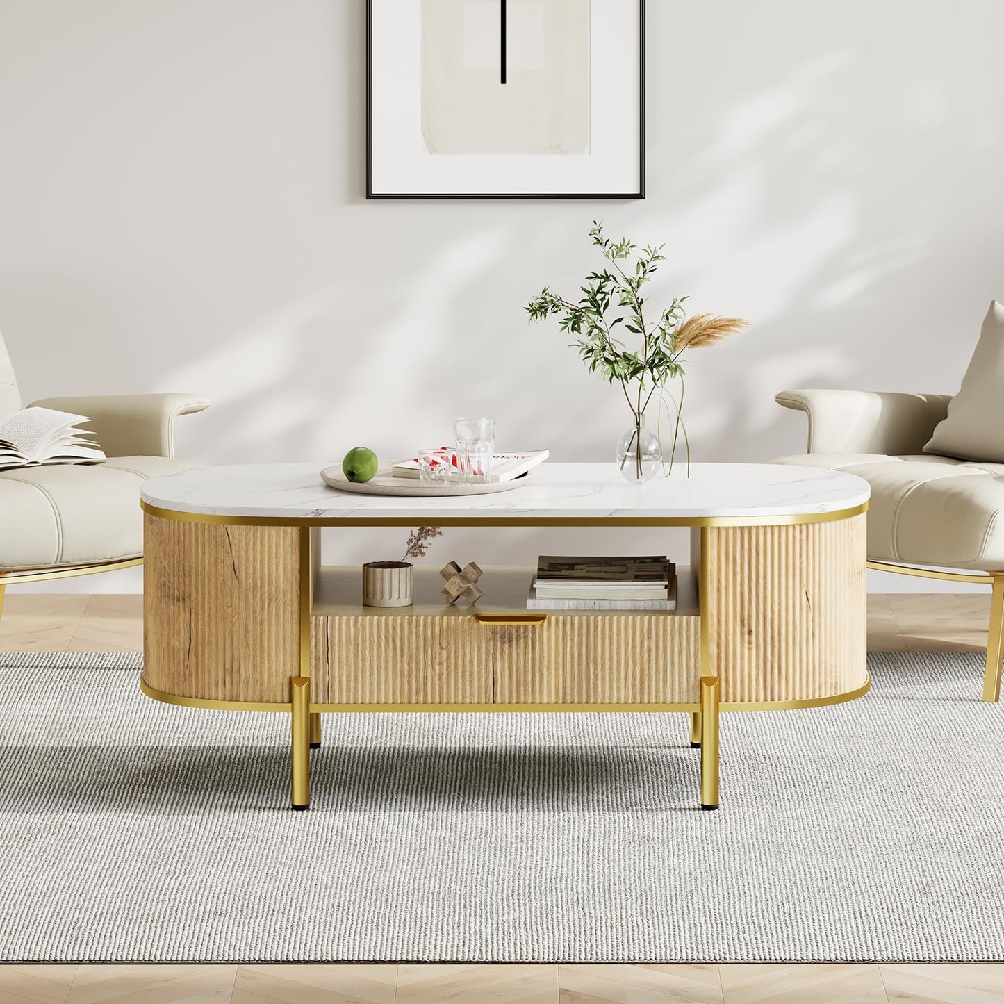 Modern Luxury Oval Coffee Table with Drawer, 48" Fluted Coffee Table with Faux Marble Top, Curved Profile Design, Gold Metal Decor, Center Table for Living Room- Natural Oak