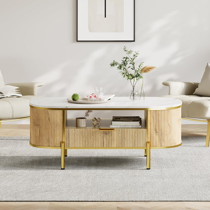 Modern Luxury Oval Coffee Table with Drawer, 48" Fluted Coffee Table with Faux Marble Top, Curved Profile Design, Gold Metal Decor, Center Table for Living Room- Natural Oak