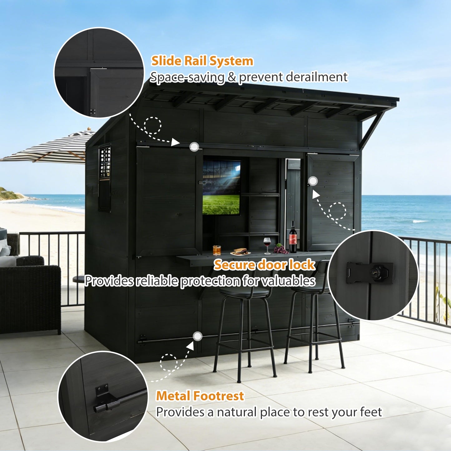 MUPATER 8 x 5 FT Wooden Bar Shed with Metal Roof, Backyard Patio Bar with Slide Front Panels, Outdoor Storage Shed with TV Bracket, Bar Top & Lockable Door, Black