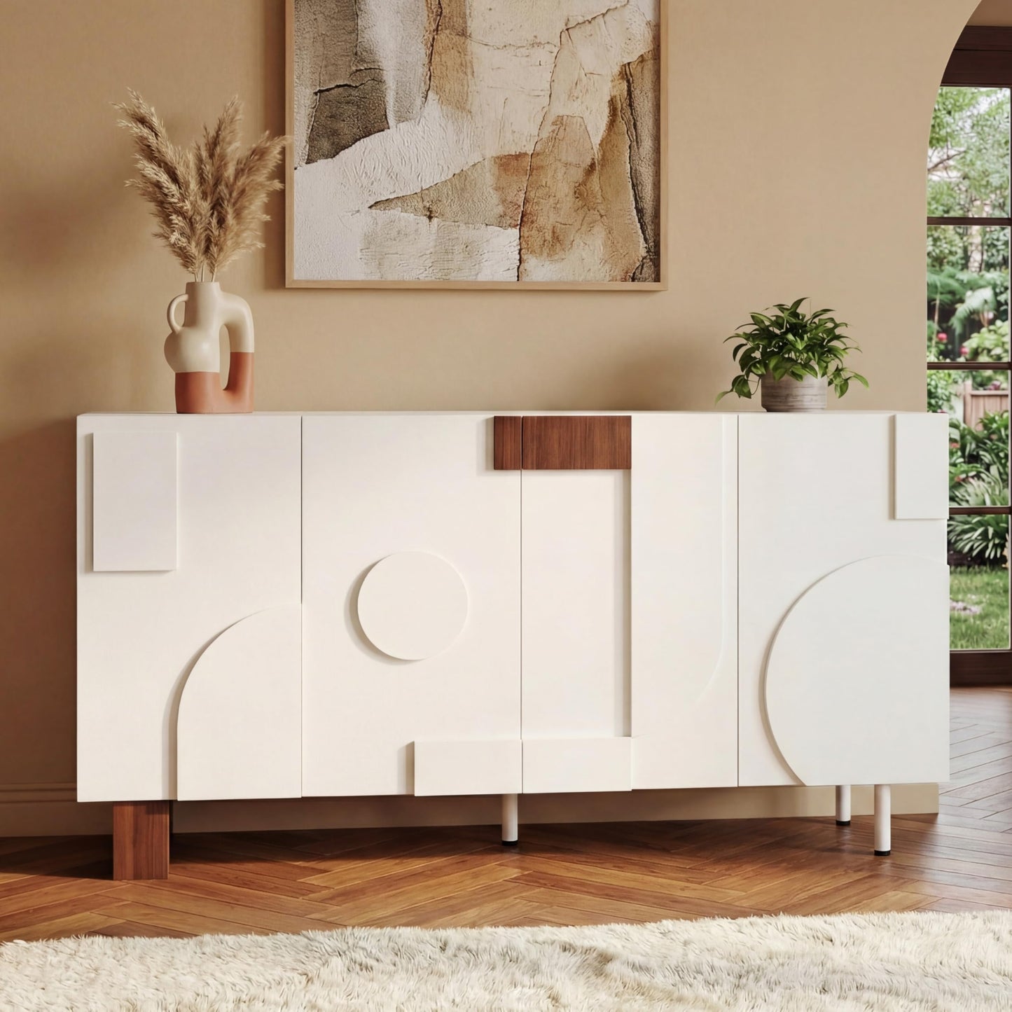 Merax Modern Buffet Cabinet with Storage, 63" 4-Door Sideboard with Adjustable Shelves & Walnut Accents, High Capacity Credenza Versatile Multi-Space Entryway Table for Dining Room, Living Room, White