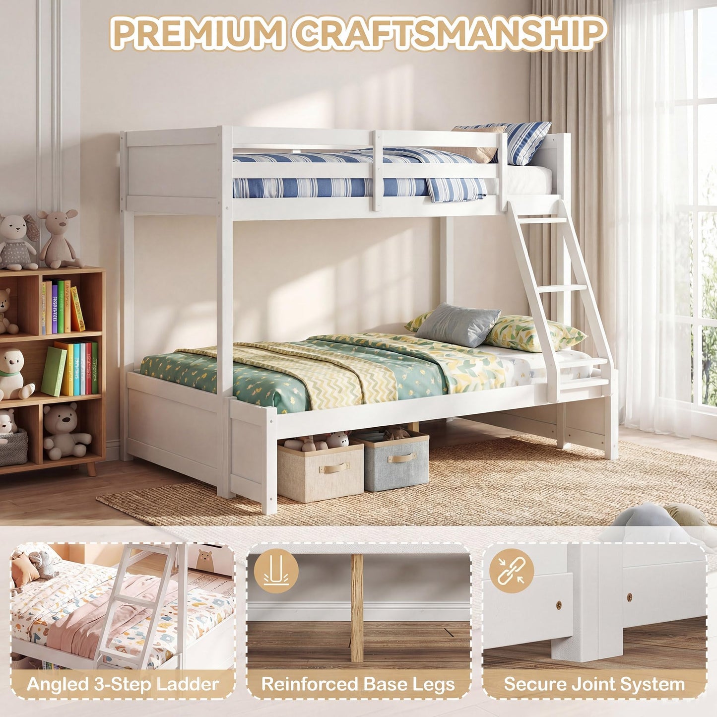 KOMFOTT Twin Over Full Bunk Bed, Pine Bed Frame with 3-Step Ladder, Full-Length Guardrails & 21 Wooden Support Slats, Solid Wood Bunk Bed for Teens, Kids, Adults, Dorms and Apartments (White)