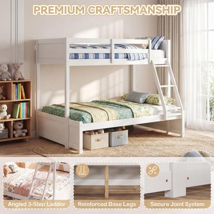 KOMFOTT Twin Over Full Bunk Bed, Pine Bed Frame with 3-Step Ladder, Full-Length Guardrails & 21 Wooden Support Slats, Solid Wood Bunk Bed for Teens, Kids, Adults, Dorms and Apartments (White)