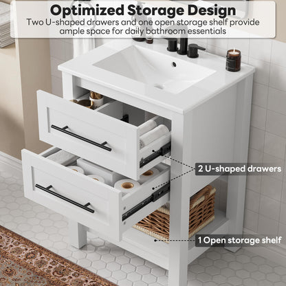 LIKIMIO 24" Bathroom Vanity with Sink, Freestanding Bathroom Vanity with 2 U-Shaped Drawers & Open Shelf, Integrated Ceramic Sink, Modern Bathroom Storage Cabinet for Small Space, Easy Assembly, White