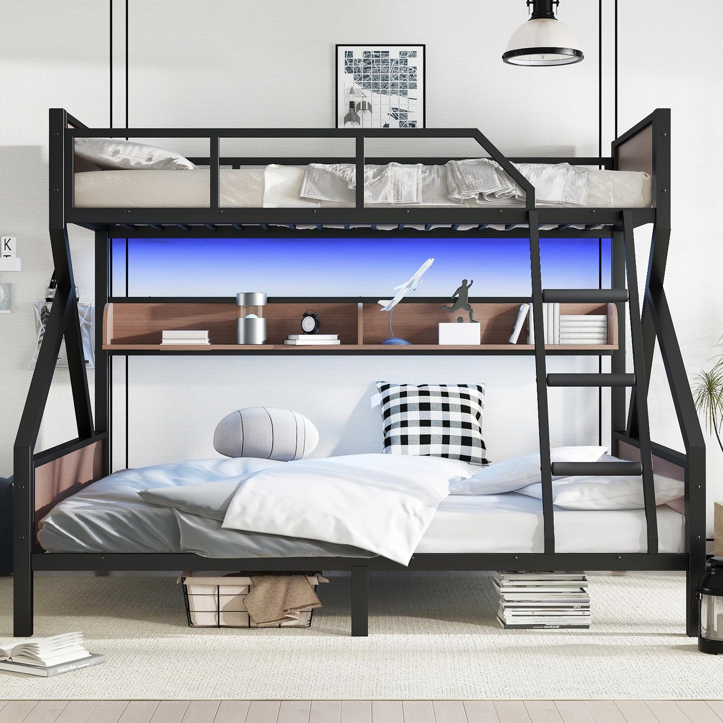 Bellemave Twin XL Over Queen Size Bunk Bed with Storage Shelves and LED Lights,Heavy Duty Adult Bunk Beds with Angled Ladder,Metal Queen Bunk Bed,Black