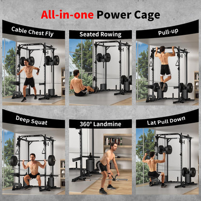 JEEKEE Power Cage with Cable Crossover System, 2200LB Heavy Duty Power Rack with Dual Pulley, 180LB Weight Stack, LAT Pulldown, 20+ Attachments for Home Gym,Black
