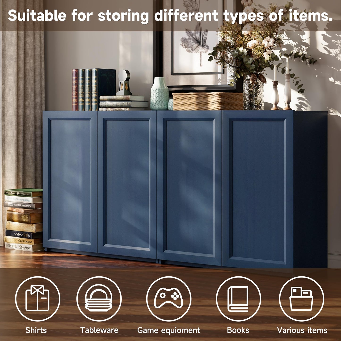 FENSULN Modern Sideboard Accent 2 in 1 Buffet Storage Cabinet Display Buffet Cabinet Credenza with Adjustable Shelves for Dinging Room Living Room Entryway Coffee Bar,Blue