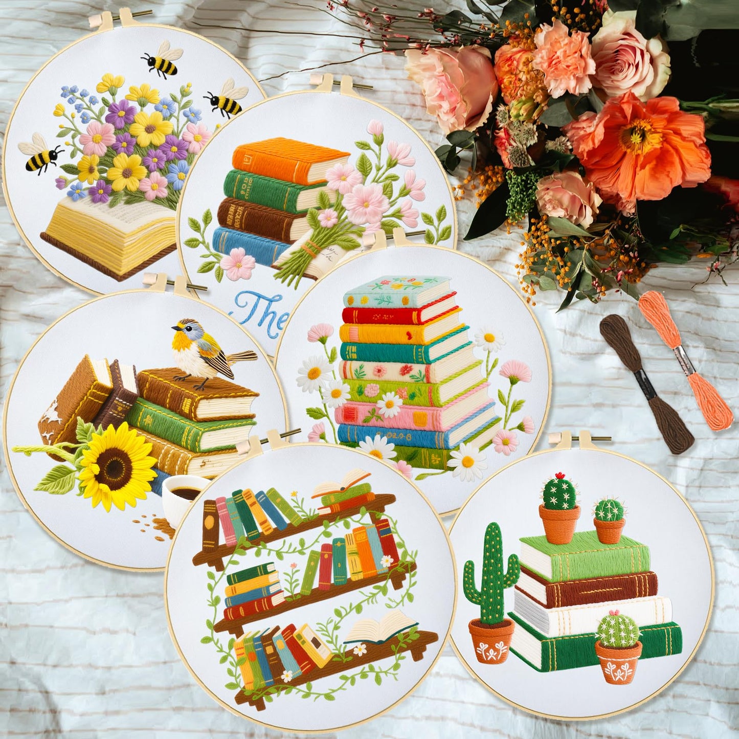 INFUNLY 6 PCS Book and Flower Embroidery Kits for Beginners DIY Cross Stitch Starter Sets for Adults with Instructions Book Cacti Pattern Birds Needlepoint Kits with Embroidery Cloth Hoops Tools