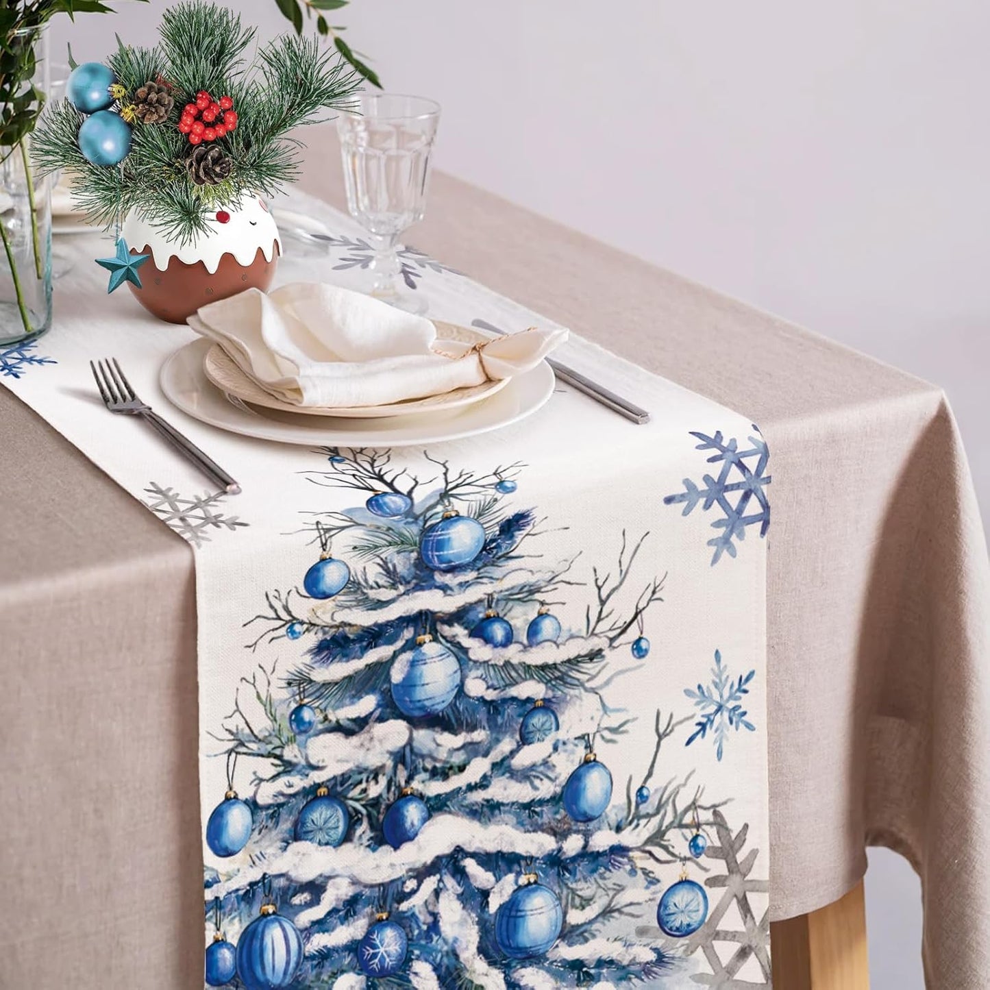 13x90 Inch Winter Trees Ball Table Runner Frosty Roses Burlap Table Runners, Christmas Xmas Seasonal Coffee Table
