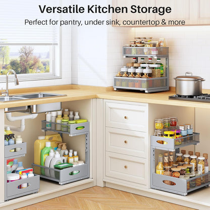 Under Sink Organizer | 2-Pack 2-Tier Pull-Out Cabinet Shelf with Metal Slides & Mesh Drawers - Grey