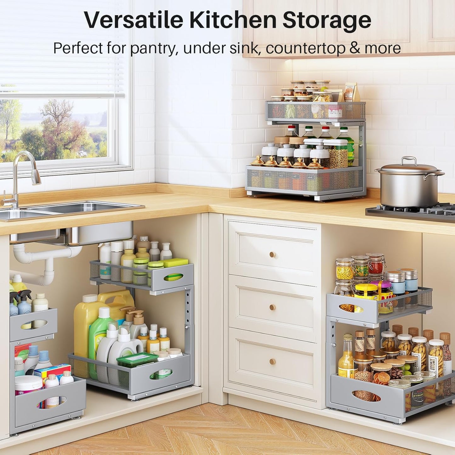 Under Sink Organizer by [Brand Name] - 2 Pack 2 Tier Pull Out Cabinet Storage with Mesh Drawers | Grey