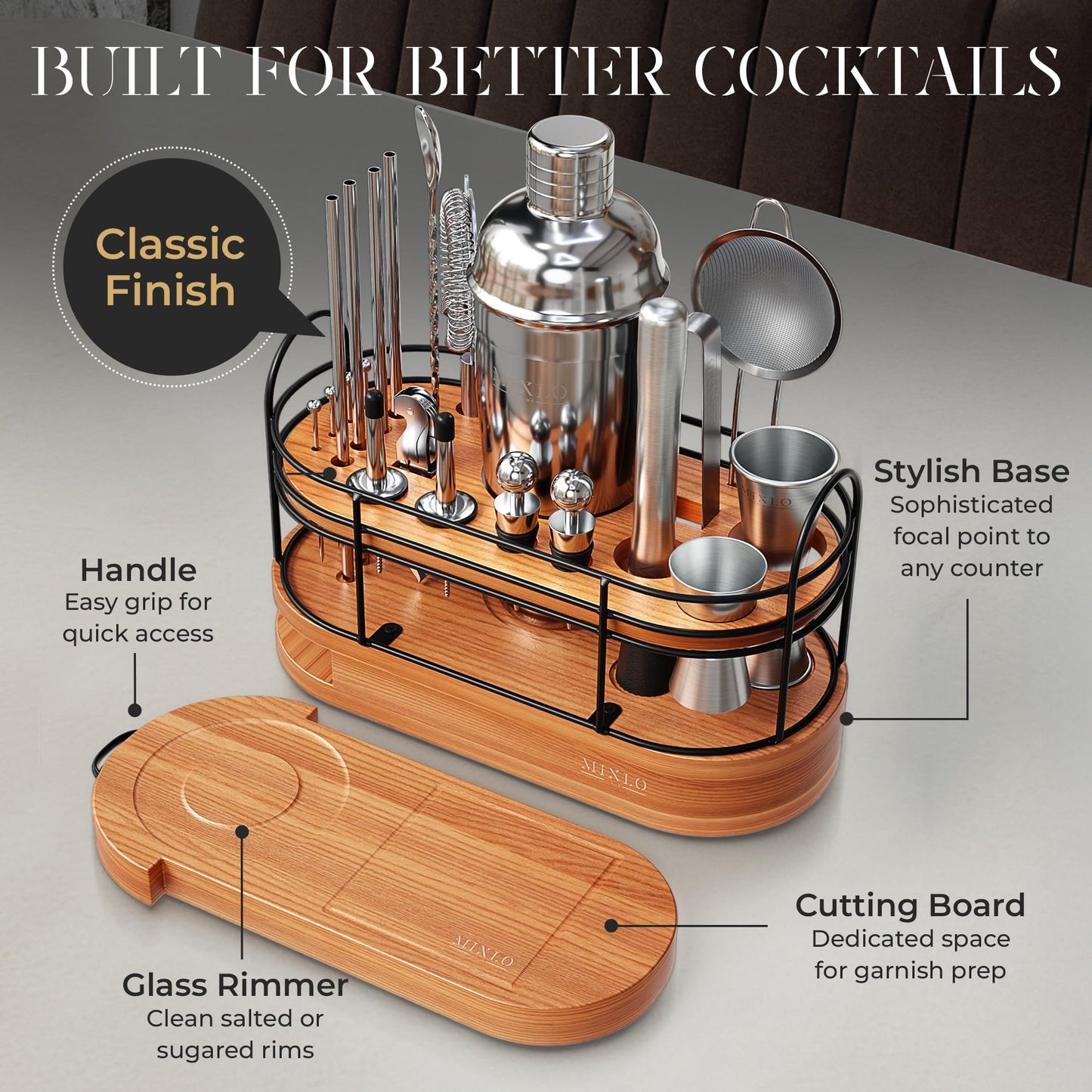 MIXLO HOME Mixology Bartender Kit - 22Pcs Bar Set Cocktail Shaker Set w Brown Bar Cart Accessories Stand - Shakers Bartending Silver Tools, 24oz Shaker, 17 Recipe Cards, Martini Barware
