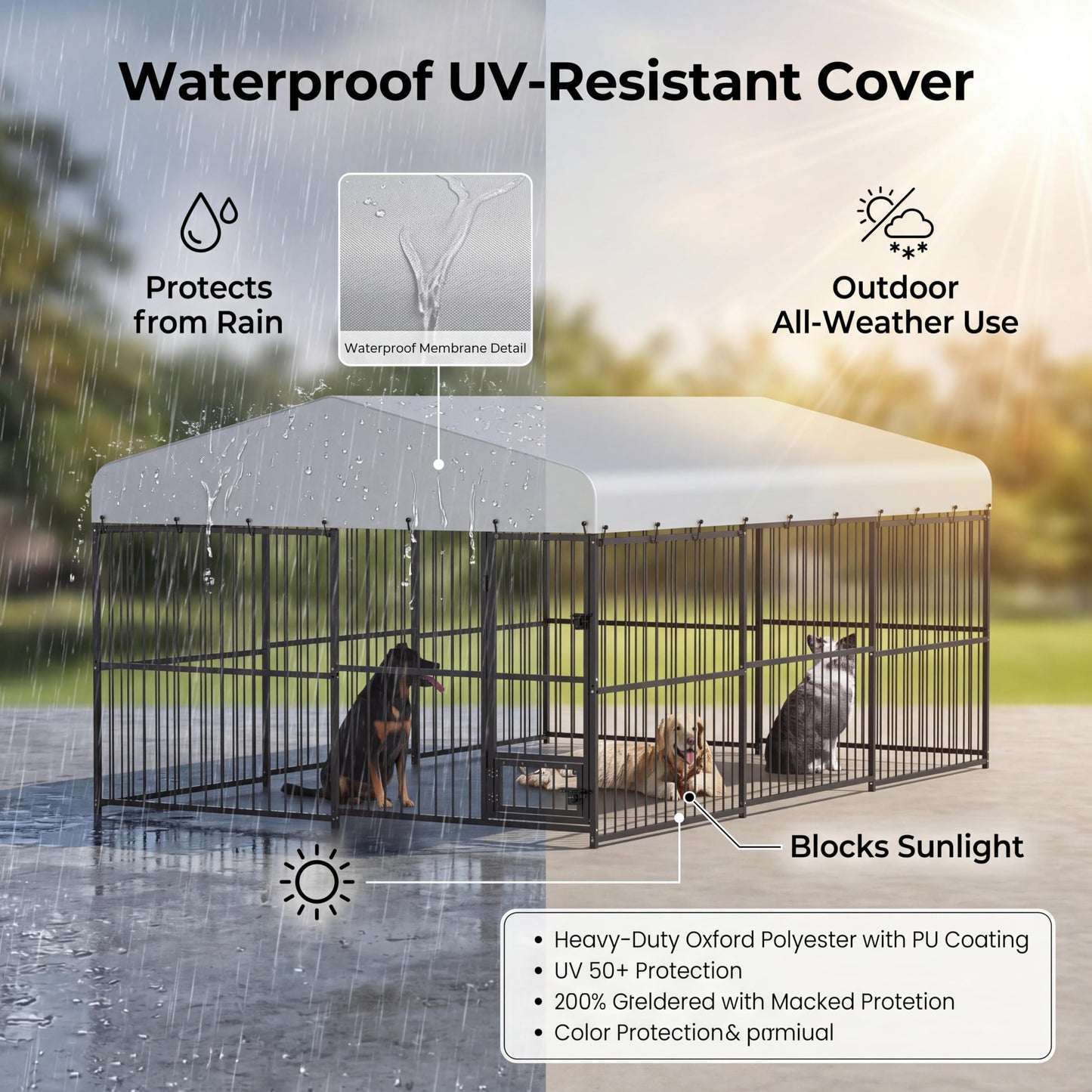 10x15 ft Outdoor Dog Kennel Heavy Duty Metal Dog Run Enclosure with Waterproof Cover & Feeding Door, Large Dog Kennel Outdoor with Lockable Gate for Backyard, Garden, Chicken Coop Run