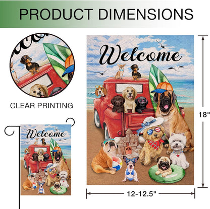 Welcome Summer Dogs Red Truck Beach Garden Flag, Double Sided, Ocean Coastal Nautical Decorative Yard Decor
