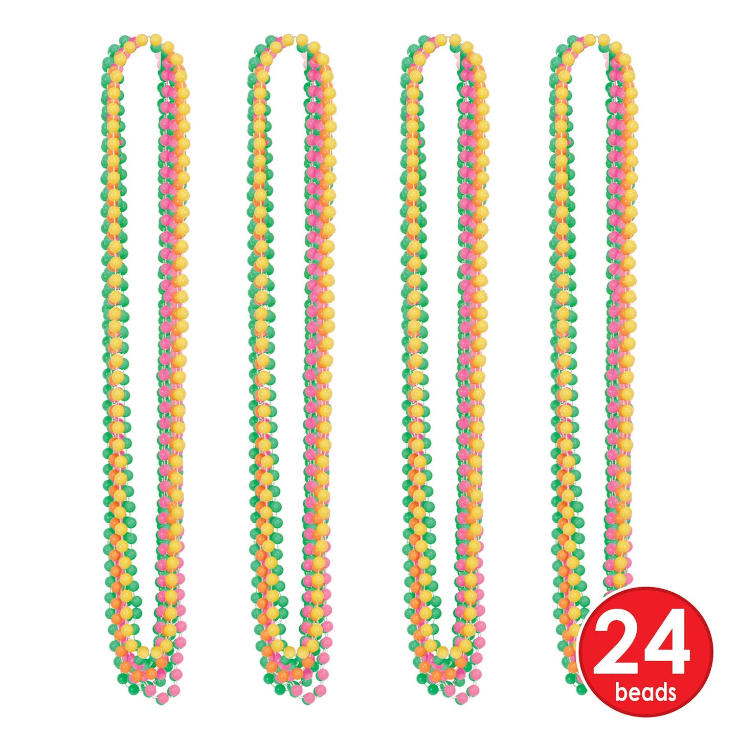Beistle Neon Party Beads – 24 Pack Bright Round Ball Necklaces in Assorted Yellow, Green, Pink & Orange for Discos, Glow Parties, Mardi Gras, 70s, 80s and 90s Decade Theme, Festivals and Parades, 33"