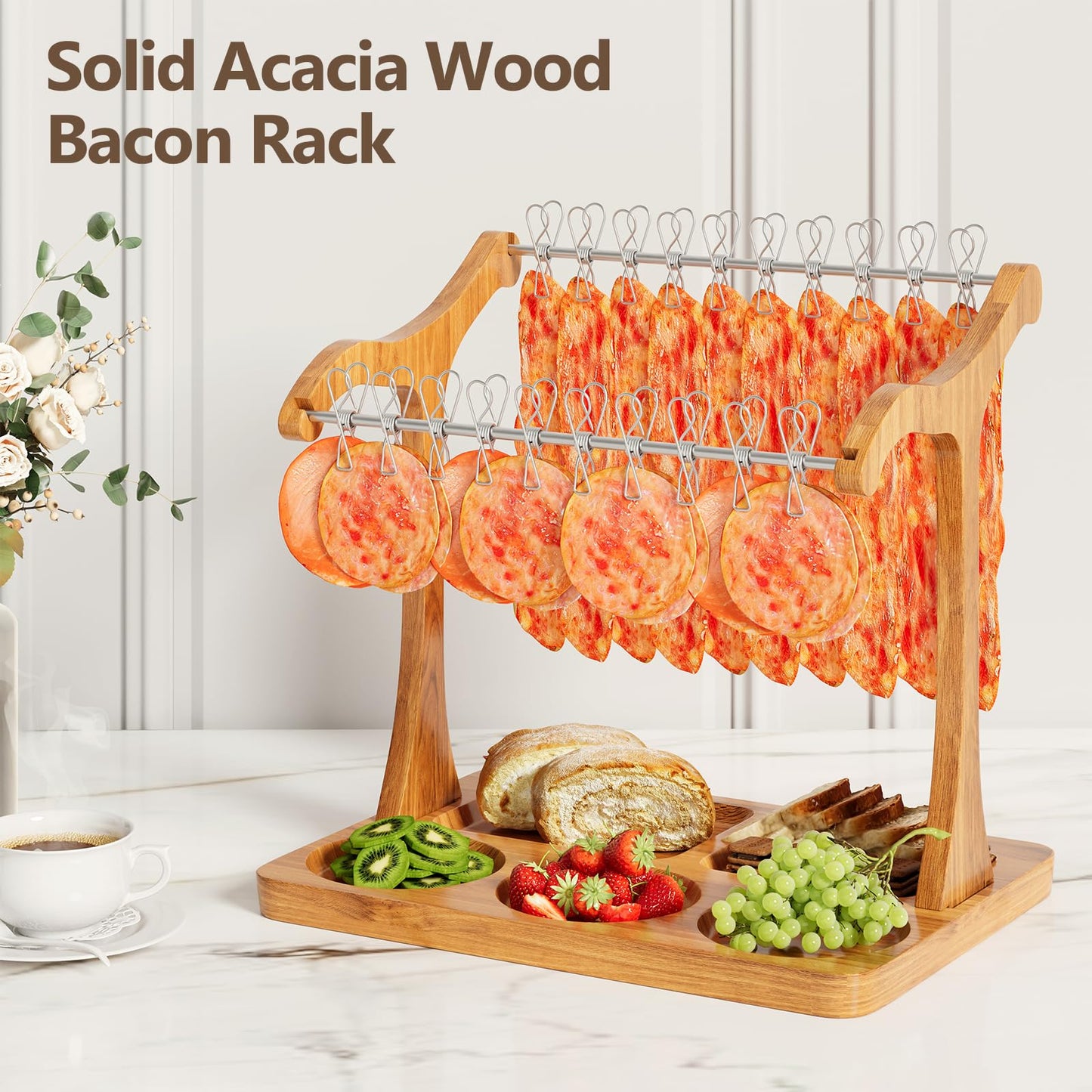 Sueuapp Bacon Display Rack,Patented Design Acacia Bacon Clothesline Serving Tray,Charcuterie Boards with Double Hangers,Exquisite Bacon Tray Holder for Parties,Weddings,Housewarming Gifts
