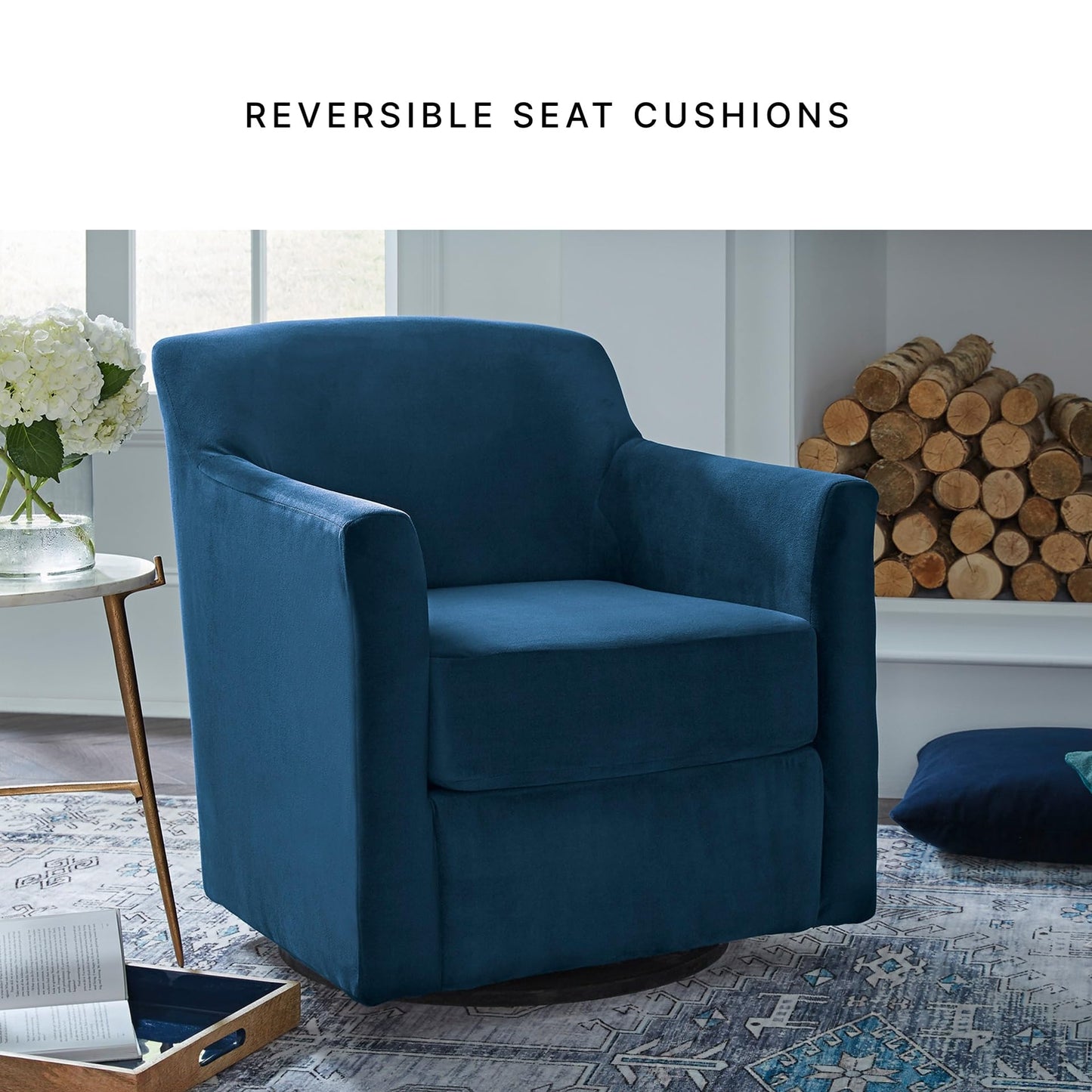 Signature Design by Ashley Bradney Swivel Chair with Blue Velvet Upholstery, Contemporary Shelter‑Arm Seating with Reversible Cushion and Wood Base for Living Room or Bedroom