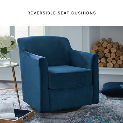 Signature Design by Ashley Bradney Swivel Chair with Blue Velvet Upholstery, Contemporary Shelter‑Arm Seating with Reversible Cushion and Wood Base for Living Room or Bedroom