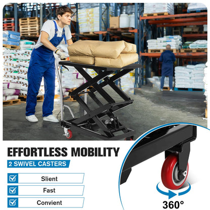 Hydraulic Lift Table Cart, 330 Lbs Capacity 50" Lifting Height Double Scissor Lift Table with Anti-Slip Pad & 4 Wheels for Material Handling & Transportation in Warehouse, Workshop, Black