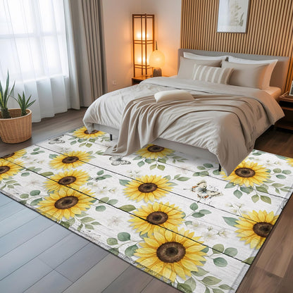 Area Rugs 8x10 for Living Room, Yellow Sunflowers Non Slip Washable Rug Runner, Summer Botanical Butterfly Leaves Wooden Low Pile Indoor Floor Carpet Mat Bathroom Rugs for Bedroom, Kids Room